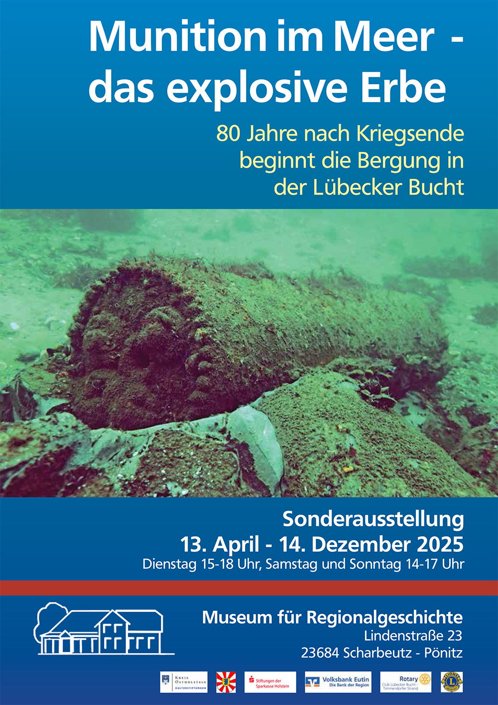 Plakat der Sonderausstellung "Munition im Meer - 80 Jahre nach Kriegsende beginnt die Bergung"