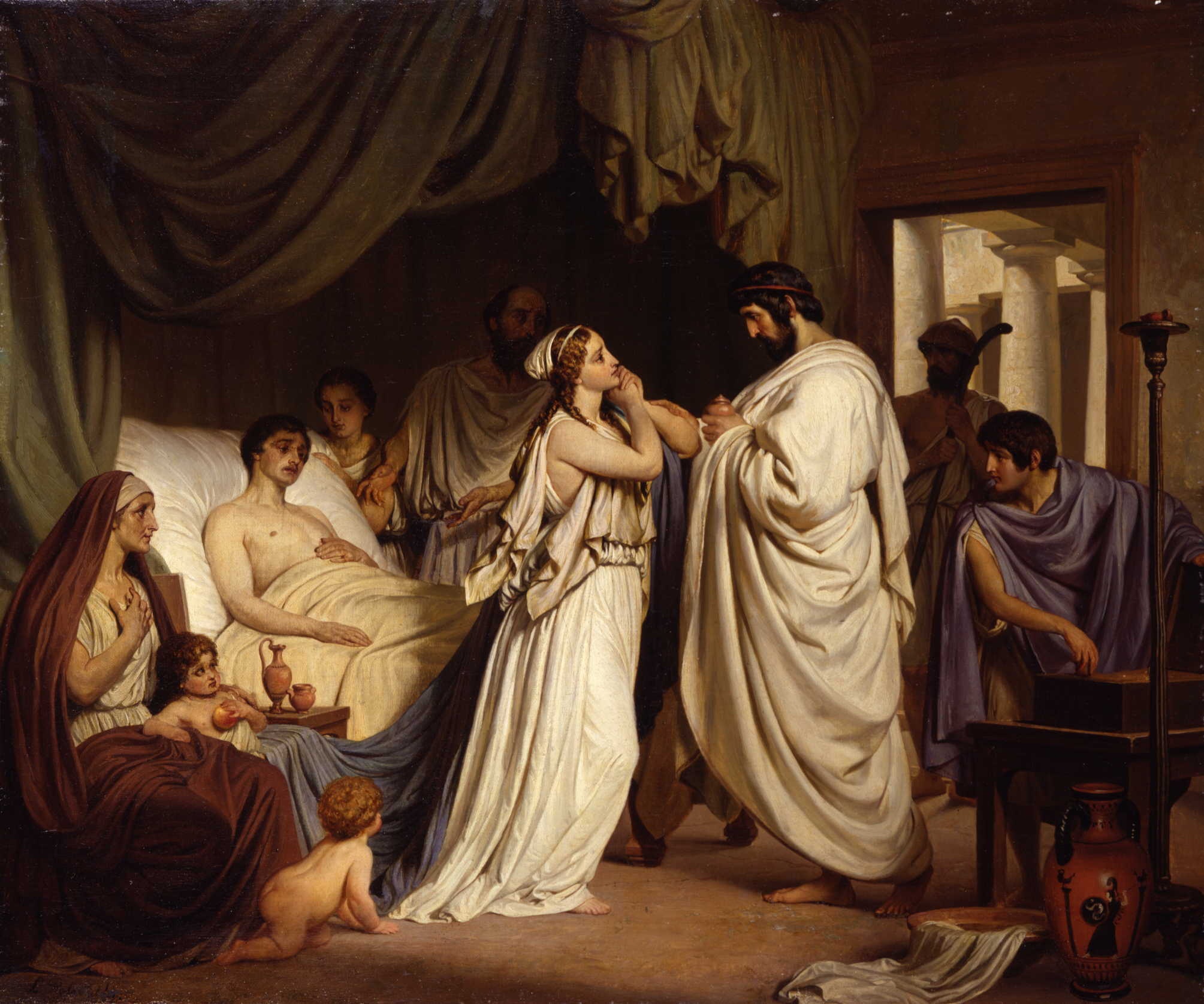 Ludwig Rosenfelder, Die Medizin (oder Hippokrates am Krankenbett), Öl/Leinwand, 1863